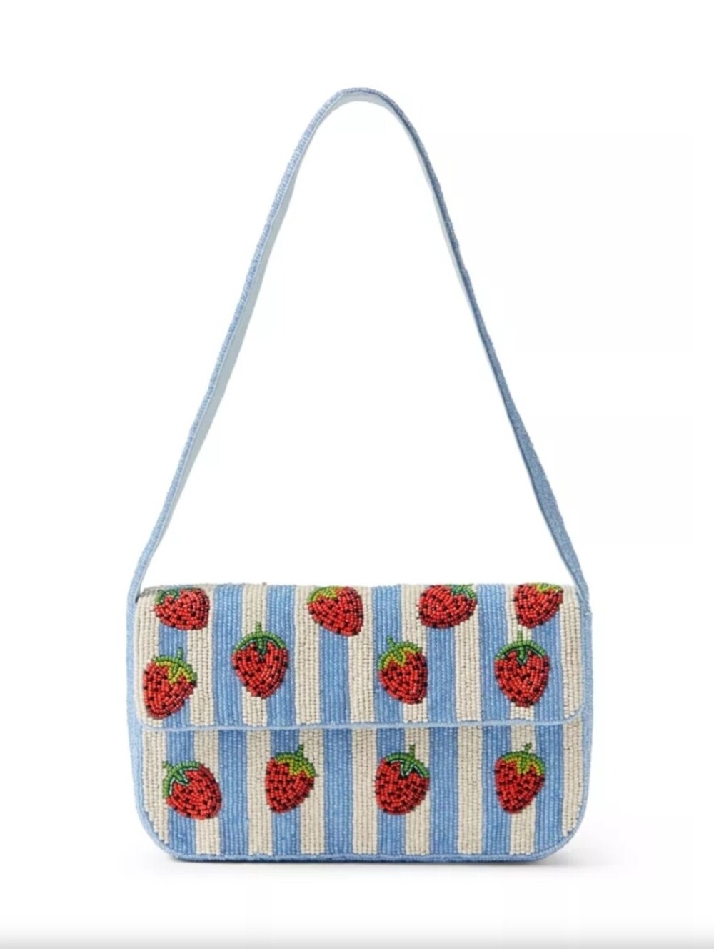 Viral Beaded Strawberry Stripe Shoulder Bag - Blue & Cream